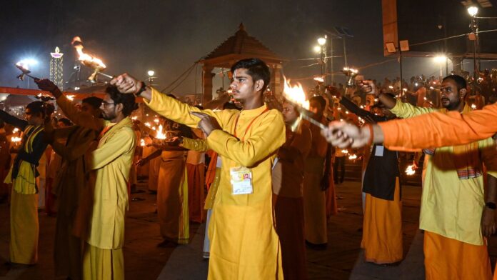 Spectacular visuals! Ayodhya's Saryu ghat lights up as devotees gather Monks perform aarti on the banks of the Saryu river, in Ayodhya, Uttar Pradesh