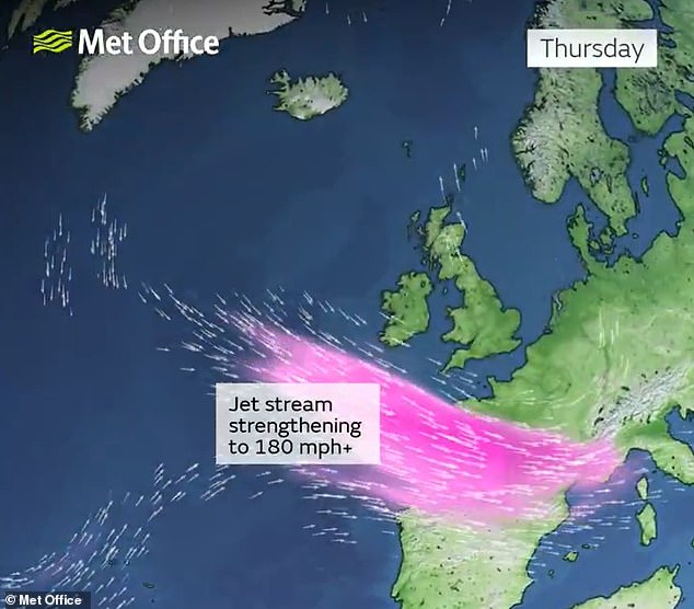 The Met Office said a strengthening arm of the jet stream - a fast moving ribbon of air high up in the atmosphere - has the potential to develop a deep area of low pressure by Thursday