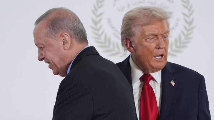 Trump says he doesn't get along with ‘weak’ world leaders; President Donald Trump greets Turkey's President Recep Tayyip Erdogan during a summit to support ending the more than two-year Israel-Hamas war in Gaza after a breakthrough ceasefire deal, Monday, Oct. 13, 2025, in Sharm El-Sheikh, Egypt.