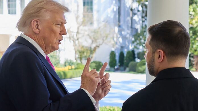 Zelensky urges Trump to take tougher stance on Putin, says In this handout photograph taken on October 17, 2025 and released on October 18, 2025 by the Ukrainian presidential Press Service, US President Donald Trump (L) speaks with Ukraine's President Volodymyr Zelensky (R) at the White House in Washington, DC. (Photo by Handout / UKRAINIAN PRESIDENTIAL PRESS SERVICE / AFP)