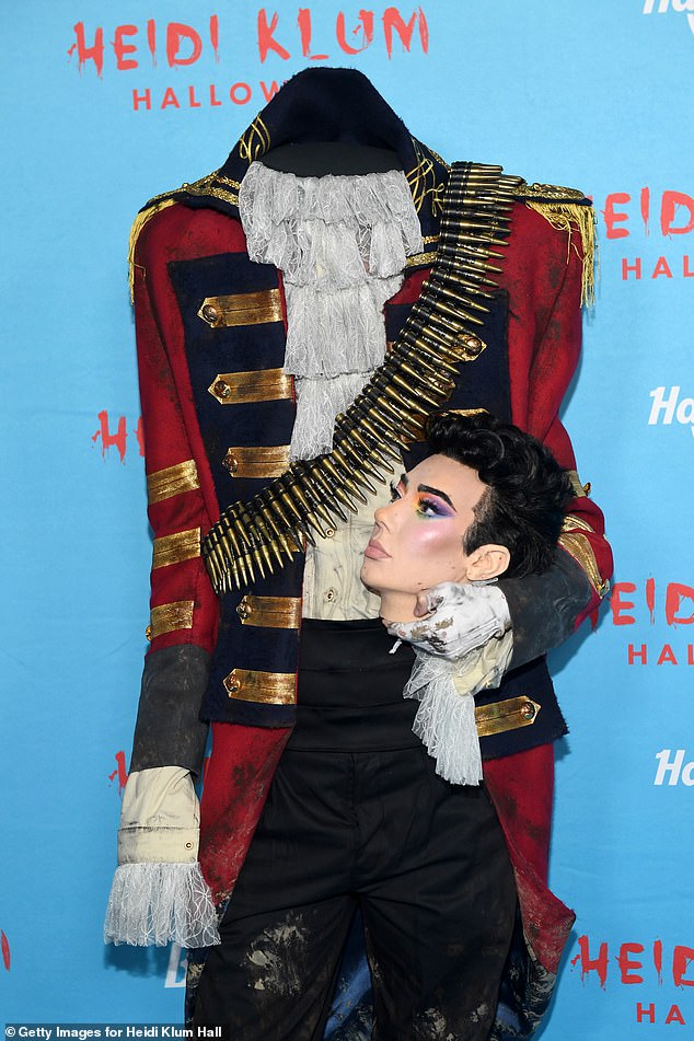 Internet star James Charles had quite the spooky costume as he went as a decapitated head wearing dramatic makeup to the party. His costume created a huge optical illusion.