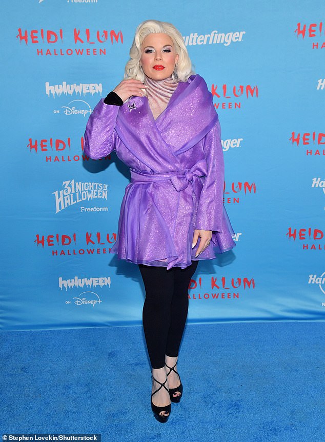 Megan Hilty dressed as the character she's currently playing in the show Death Becomes Her, Madeline Ashton, as she wore the character's signuature ice blonde wig and sparkling purple wrap