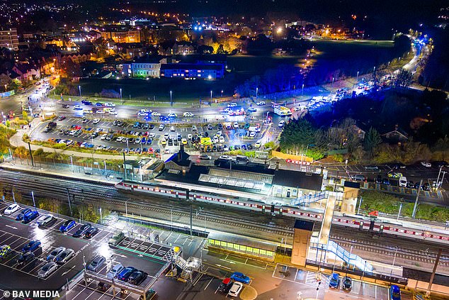 An aerial view of the train station as well as the major police presence at the scene on Saturday night