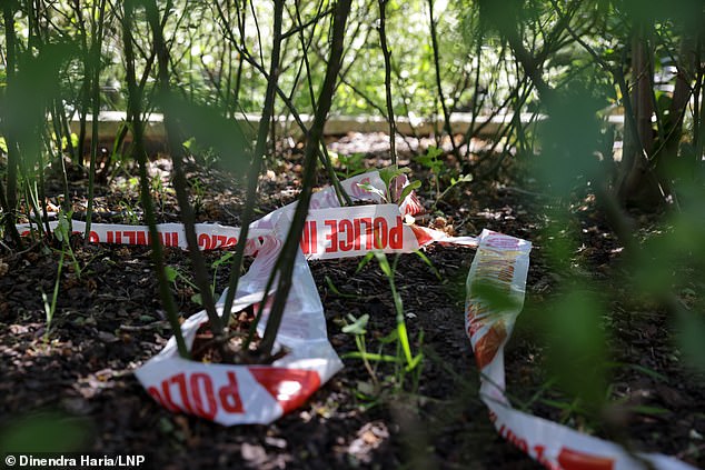 Leftover police tape pictured at the scene. Passersby allegedly saw Augustine attacking Mr Mackey and searching his jacket as he lay on the ground
