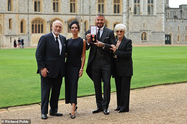 Proud parents Ted and Sandra flanked the couple as they posed for photos in the grounds of Windsor Castle