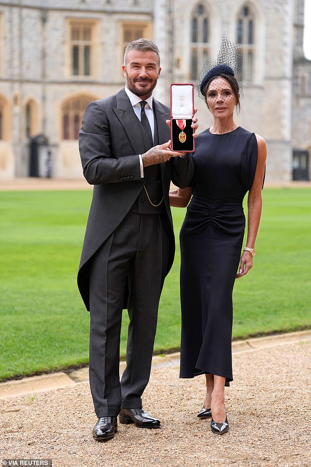 David was joined by wife Victoria at Windsor Castle on Tuesday. The couple both wore custom Victoria Beckham outfits