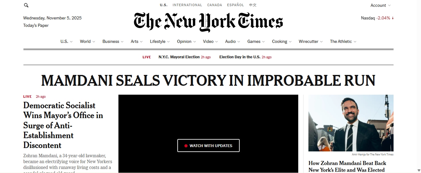 The New York Times website's lead after Mamdani was declared mayor-elect (NYT wesbite) The New York Times website's lead after Mamdani was declared mayor-elect (NYT wesbite)