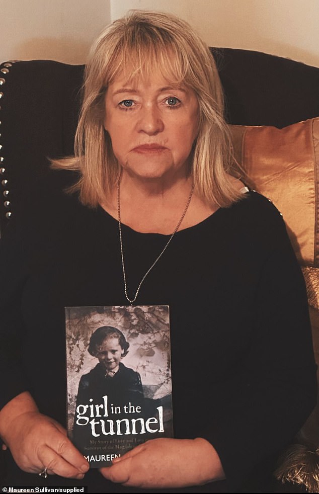 At the age of 35, she attempted to take her own life and ended up in hospital - where she was given access to the therapy she received would change her life (Pictured with the book she published in 2023 recounting her experiences at the Magdalene Laundry)