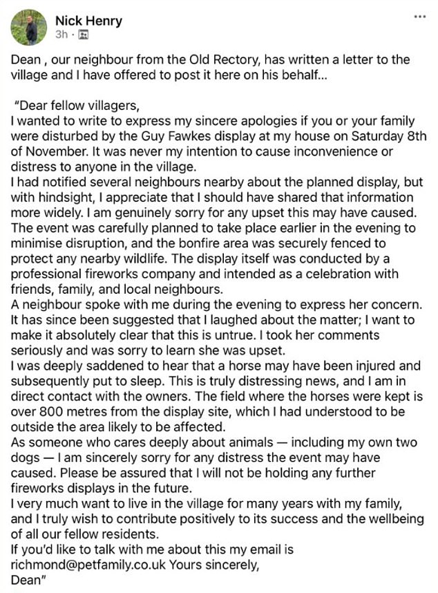 One neighbour posted an apology letter from Mr Richmond into the village Facebook group, in which he wrote: 'It was never my intention to cause inconvenience or distress'