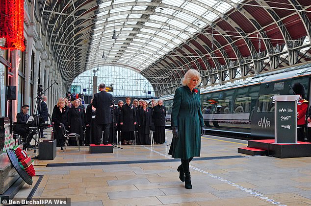 Camilla wears a dark green coat to the memorial service in Paddington, London