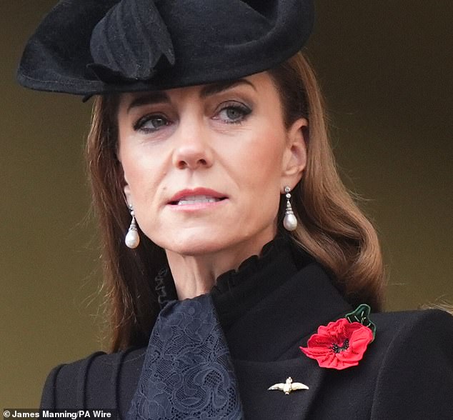 The Princess of Wales takes part in a moving Armistice Day service featuring a specially-commissioned poem that is 'close to her heart' (pictured on Remembrance Sunday)