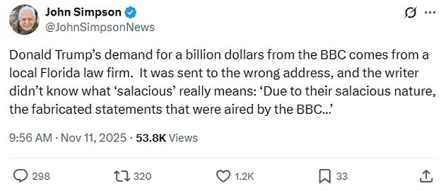 Mr Simpson mocked the letter sent by Mr Trump's lawyers after it was sent to the wrong address and used the word 'salacious' to describe an edit on Panorama