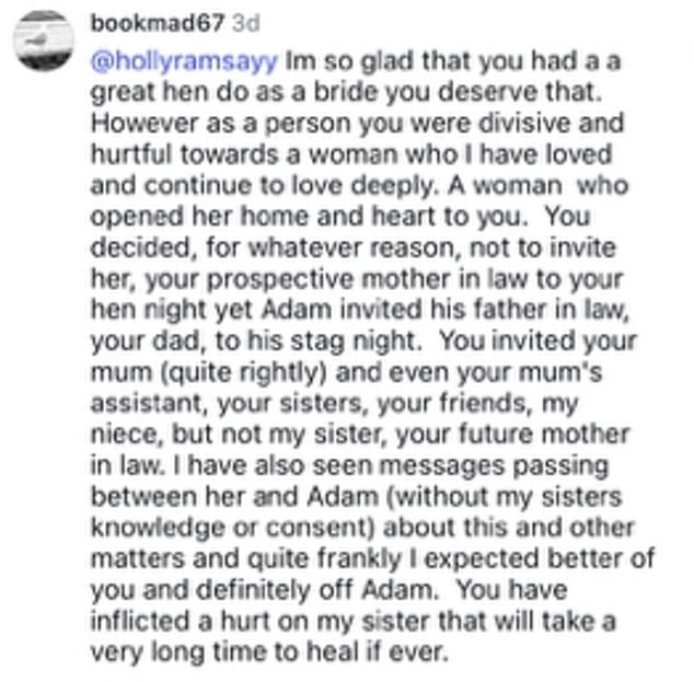 Adam's aunt Louise exposed the heartbreak over her sister being left off the guest list last weekend by hitting out at Holly in a public Instagram post as she publicly weighed into the feud