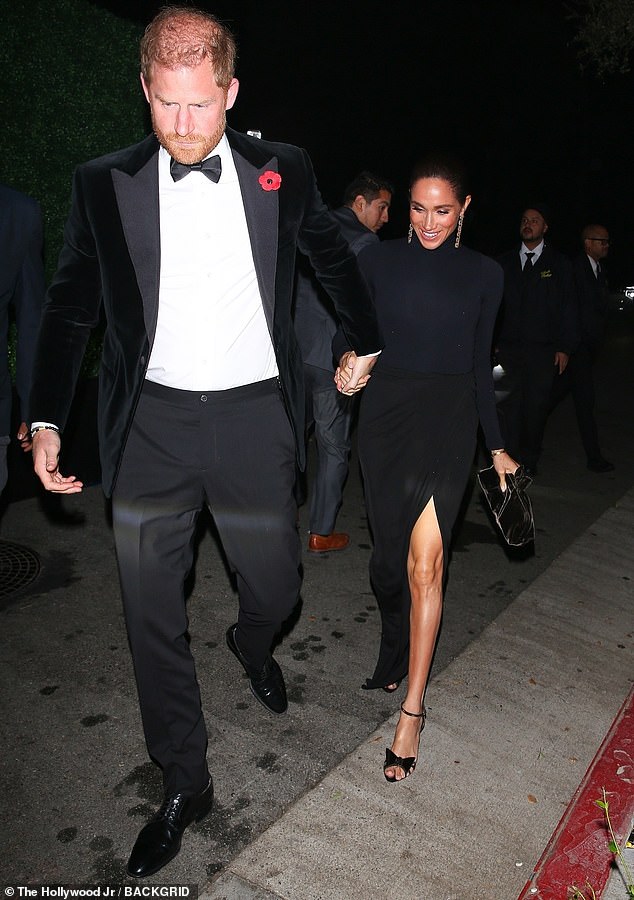 Seen arriving at Ms Jenner's bash, Harry, 41, and Meghan, 44, joined a parade of world-famous names at the birthday party in Los Angeles. Harry had a poppy, Meghan didn't