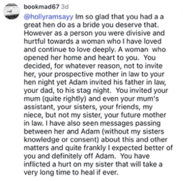Adam's aunt Louise exposed the heartbreak over her sister being left off the guest list last weekend by hitting out at Holly in a public Instagram post