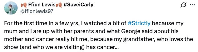 Taking to X fans gushed: ' 'Happy to spot George’s mum among the crowd': 'George’s story about his mum got me emotional'