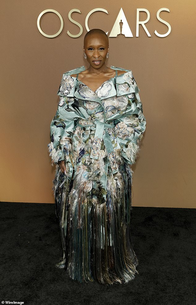 Her Wicked co-star Cynthia Erivo, 38, rocked a unique Givenchy coat dress with a dramatic fringe trim