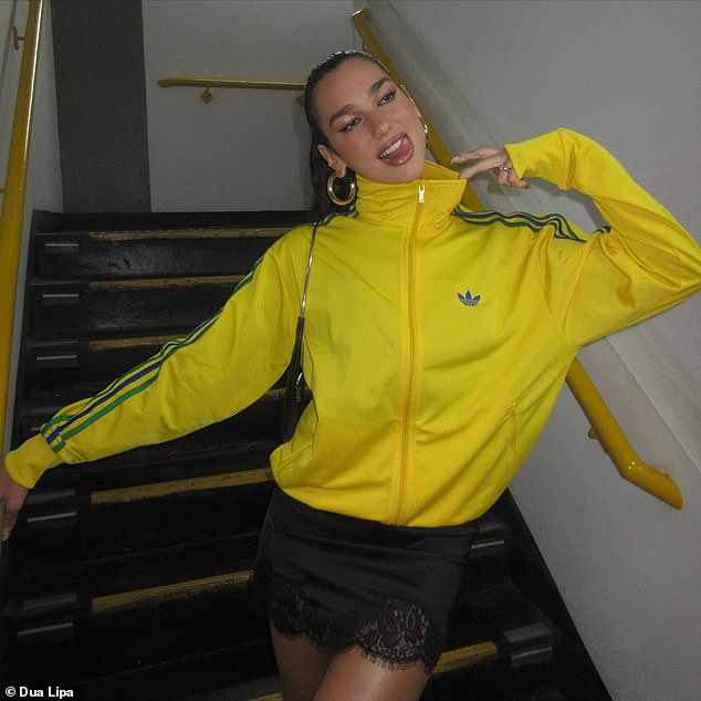 Dua looked stunning as she sported the Brazil colours in a yellow Adidas jacket with green stripes