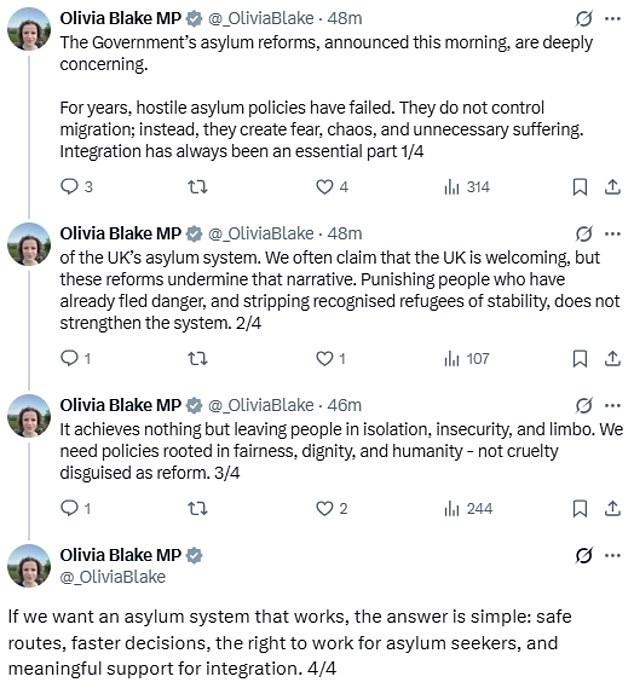 Olivia Blake, Labour MP for Sheffield Hallam, branded Ms Mahmood's asylum reforms 'deeply concerning'