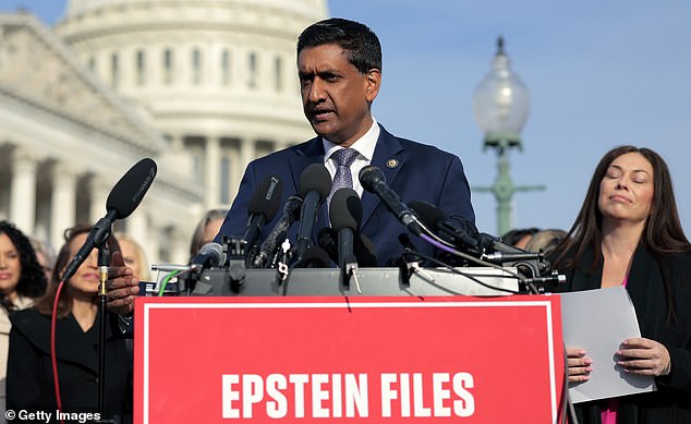 WASHINGTON, DC - NOVEMBER 18: U.S. Rep. Ro Khanna (D-CA) speaks during a news conference with lawmakers and Jeffrey Epstein abuse survivors on the Epstein Files Transparency Act outside the U.S. Capitol on November 18, 2025 in Washington, DC. The House is expected to vote today on the legislation, which instructs the U.S. Department of Justice to release all files related to the late accused sex trafficker Jeffrey Epstein. (Photo by Heather Diehl/Getty Images)