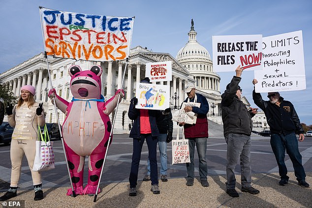 epa12533668 Protesters gather outside a press conference at the US Capitol in Washington, DC, USA, 18 November 2025. Rep. Ro Khanna (D-CA), Rep. Marjorie Taylor Greene (R-GA), and Rep. Thomas Massie (R-KY) hold a press conference in front of the Capitol on the Epstein Files Transparency Act. The House is set to vote on the bill, with President Trump's recent endorsement, would require the Department of Justice to release all files related to the Jeffrey Epstein case.  EPA/LUKE JOHNSON