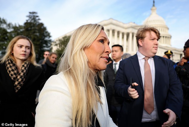 WASHINGTON, DC - NOVEMBER 18: U.S. Rep. Marjorie Taylor Greene (R-GA) arrives for a news conference on the Epstein Files Transparency Act outside the U.S. Capitol on November 18, 2025 in Washington, DC. The House is expected to vote today on the legislation, which instructs the U.S. Department of Justice to release all files related to the late accused sex trafficker Jeffrey Epstein. (Photo by Anna Moneymaker/Getty Images)