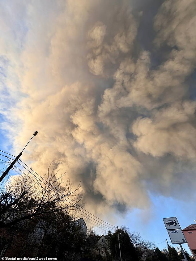 Plumes of smoke following an explosion in Lviv, western Ukraine