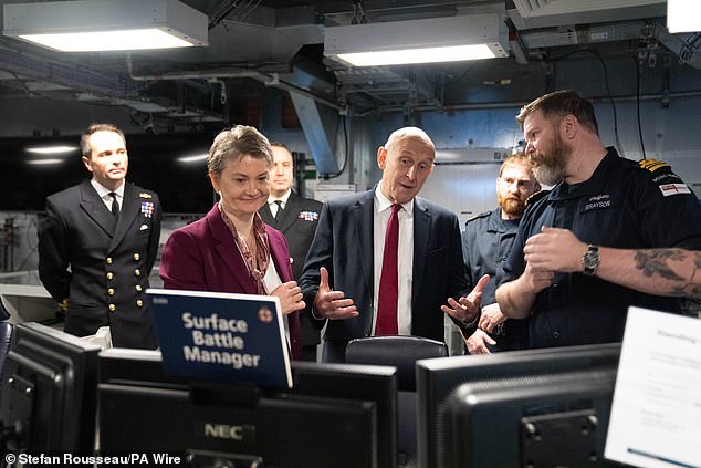 Defence Secretary John Healey and Foreign Secretary Yvette Cooper during a visit to HMS Prince of Wales anchored of the coast of Naples, Italy, on Monday