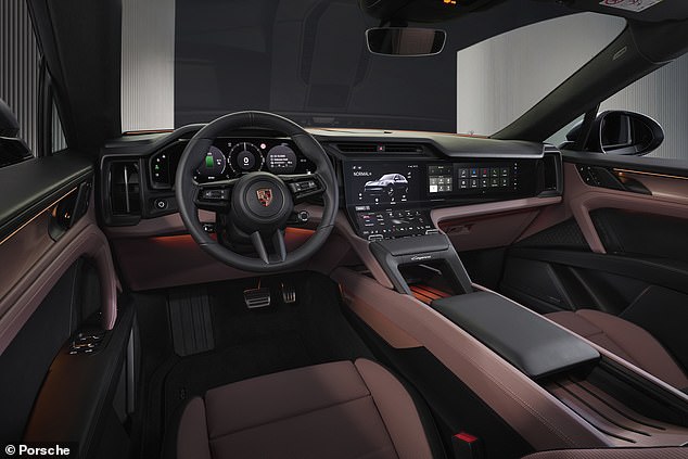 The Cayenne debuts Porsche's new 'Flow Display' - an infotainment panel that curves down with into the centre console