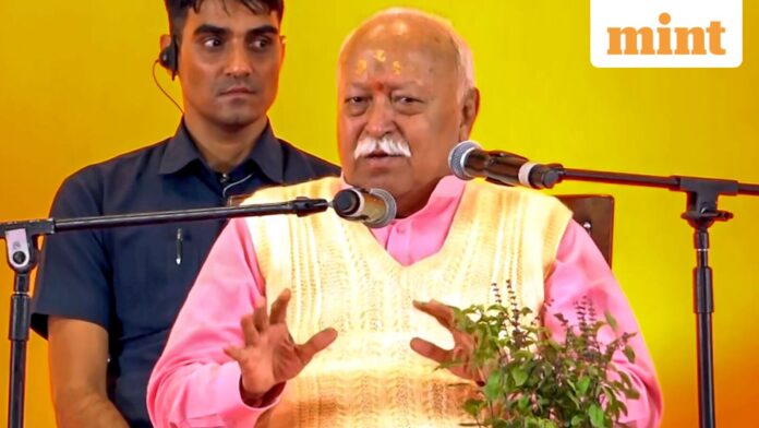 RSS chief Mohan Bhagwat during the 'Deendayal Smriti Vyakhyan' programme, in Jaipur, Saturday, Nov. 15, 2025.