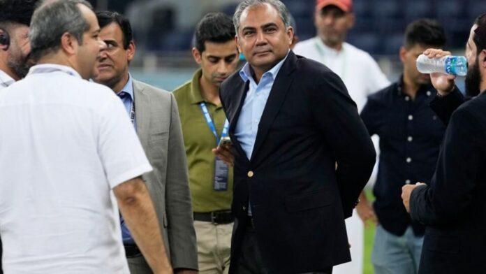 Asian Cricket Council president, Mohsin Naqvi, also the Pakistan interior minister, stands with officials after the India-Pakistan Asia Cup final in Dubai on Sunday.