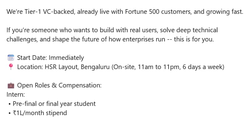 A post about hiring interns in Bengaluru by an Indian founder. (LinkedIn) A post about hiring interns in Bengaluru by an Indian founder. (LinkedIn)