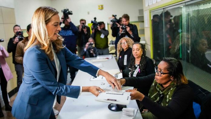 New Jersey Democratic gubernatorial candidate, US Rep. Mikie Sherrill (D-NJ), receives her ballot to vote on November 4, 2025 in Montclair, New Jersey.