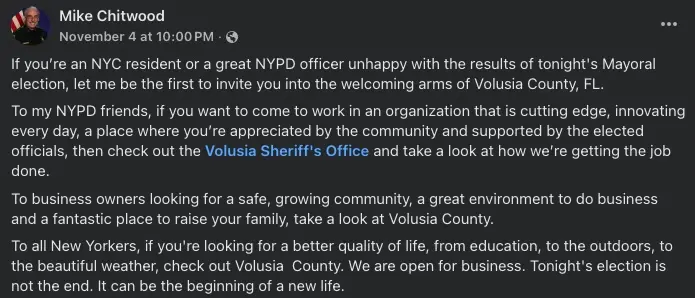 A sheriff has invited New Yorkers to move to Florida(Facebook)
