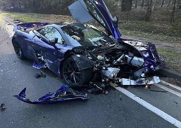 Pictured: the destroyed £230,000 purple McLaren that Sullivan crashed in March 2024