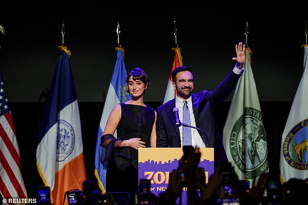 Democratic candidate for New York City mayor Zohran Mamdani celebrates with his wife Rama Duwaji after winning the 2025 New York City Mayoral race