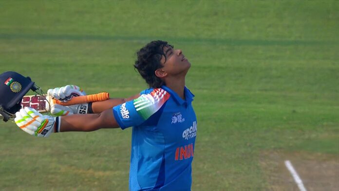 Vaibhav Suryavanshi celebrates his hundred for India A against UAE in Rising Stars Asia Cup. 