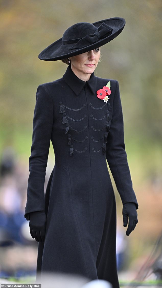 The Princess wears a long black coat and hat to the service as she pays her respects to the fallen