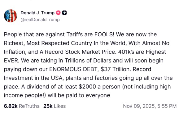 Donald Trump boasts about his tariff policy in a post on his Truth Social Donald Trump boasts about his tariff policy in a post on his Truth Social